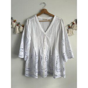 Soft Surroundings Trella Eyelet White Poplin Cotton Tunic Top Boho Coastal Sheer